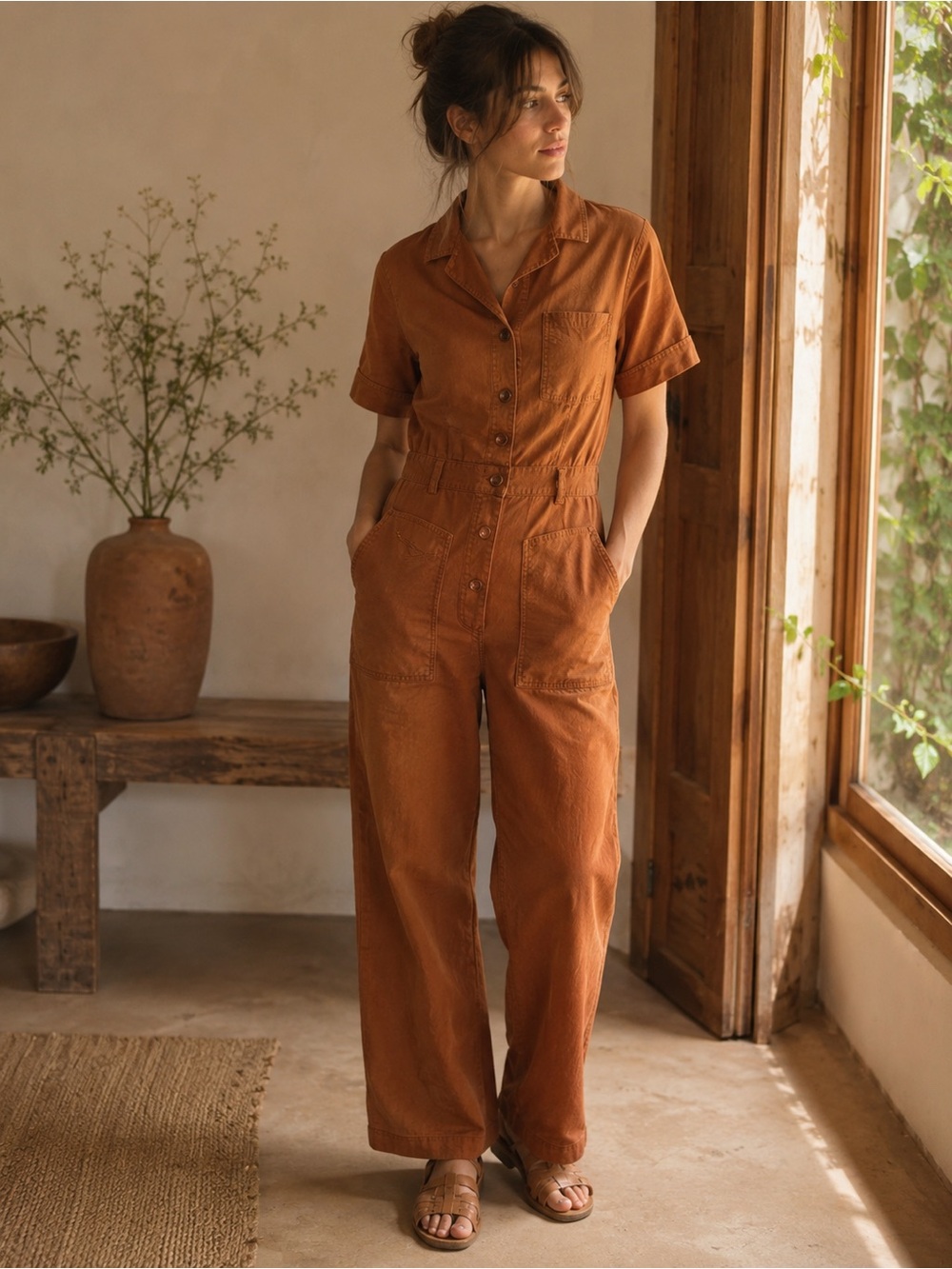 Sessùn Long Hoa Linen Blend Utility Jumpsuit Brown Rust Boiler Suit French